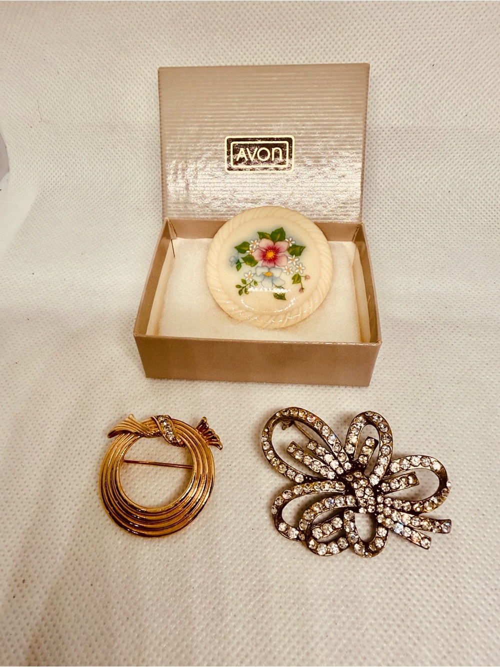 Avon Brooches 3 Vintage Signed Spring Bouquet, Gold & Silver Tone & Rhinestones